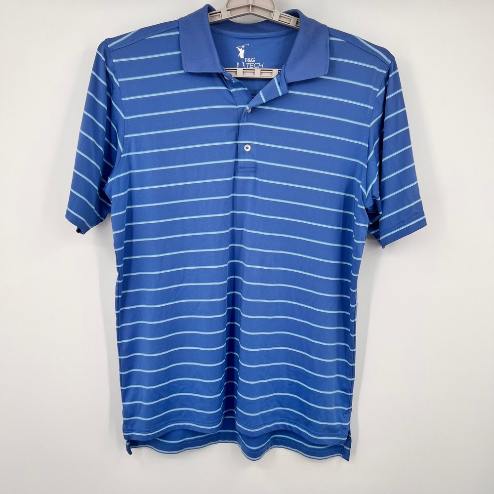 F&G Tech Mens Blue Striped Performance Golf Polo Shirt Size Medium Short Sleeve